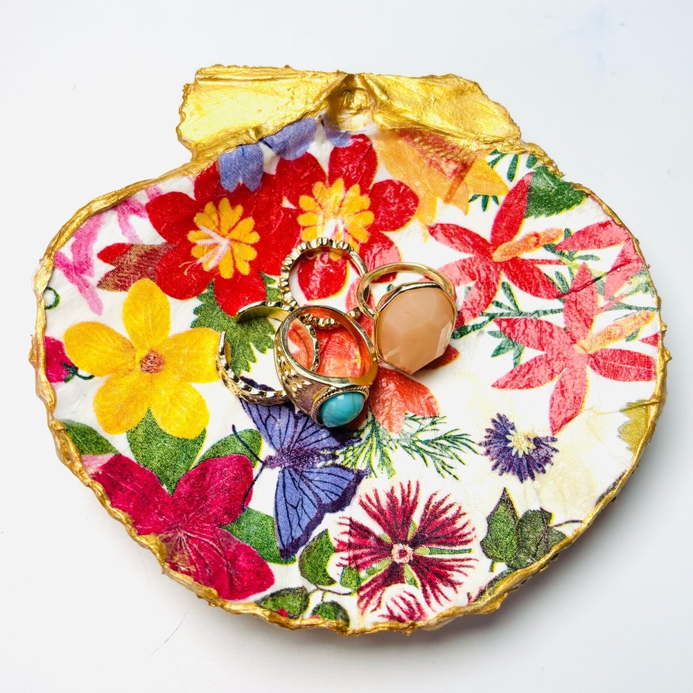 Handmade Scallop Shell Trinket Tray W/ Floral Butterfly Decoupage Design